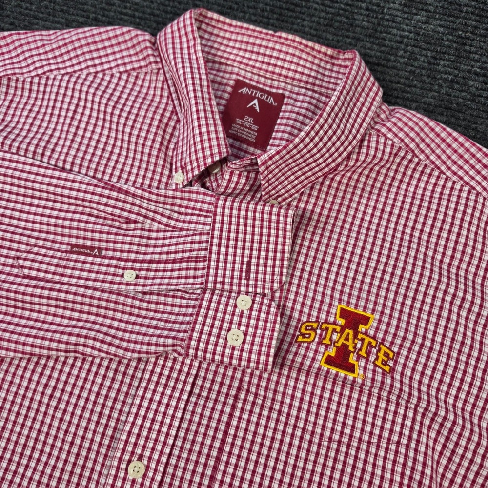 Antigua Button Down Shirt Mens XL Red Excellent Iowa State Gingham Long Sleeve
